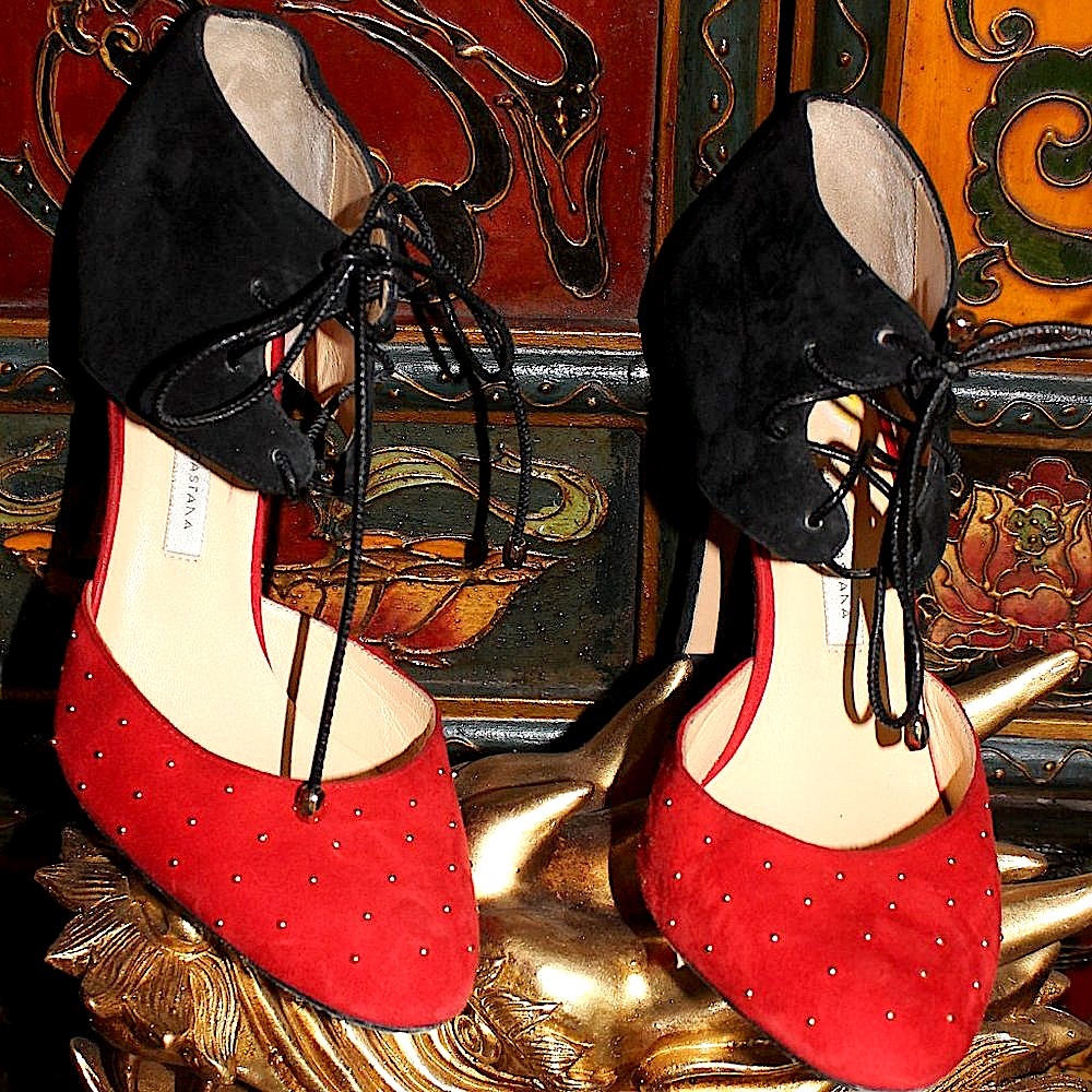 Vintage Bionda Castana Red Black & Gold Suede Lana Stiletto Shoes